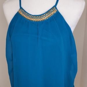 Royal blue top with leather and gold neckline.
